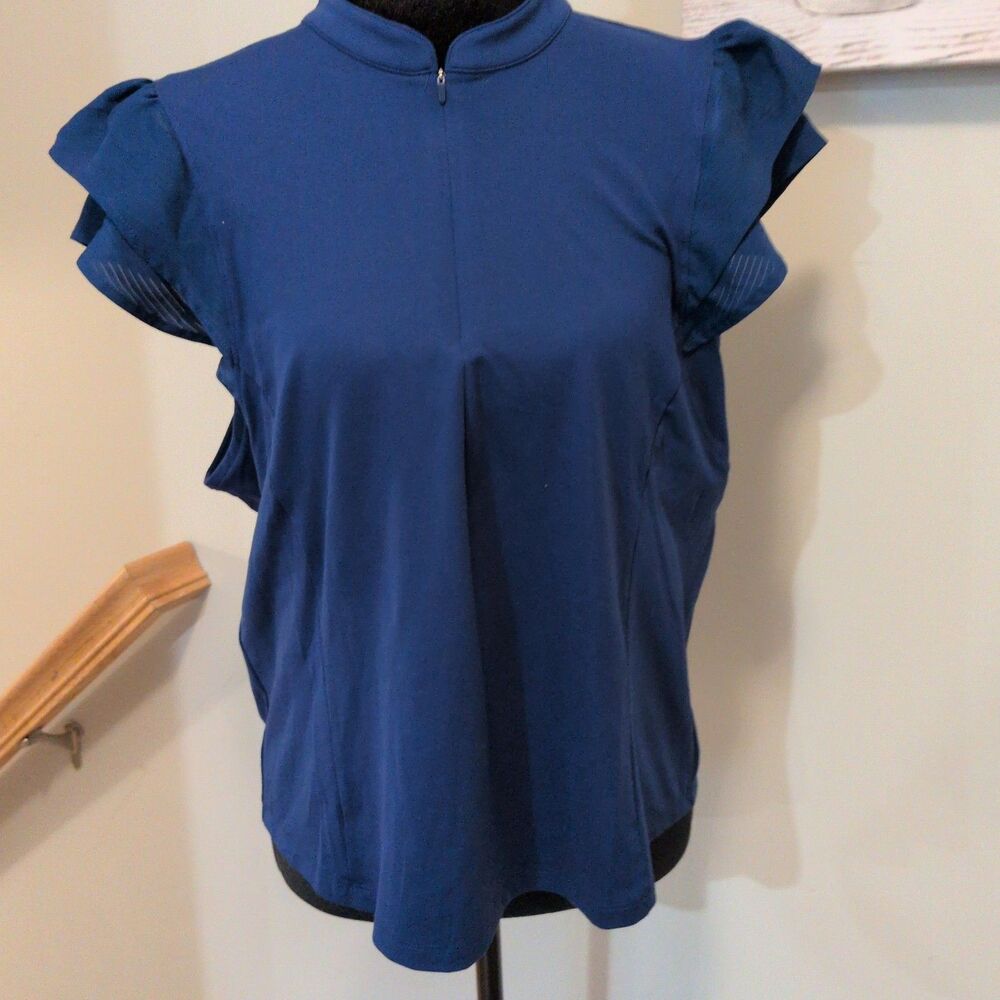 RBX Active Blue Peony Mock Neck Flutter Sleeve Top Blue XL NWT
